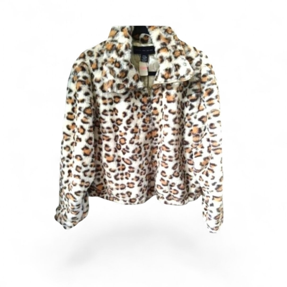 VS Pink Leopard Faux Fur Jacket L • Super Soft Cropped Coat • NWT • Stand Collar - Picture 2 of 15